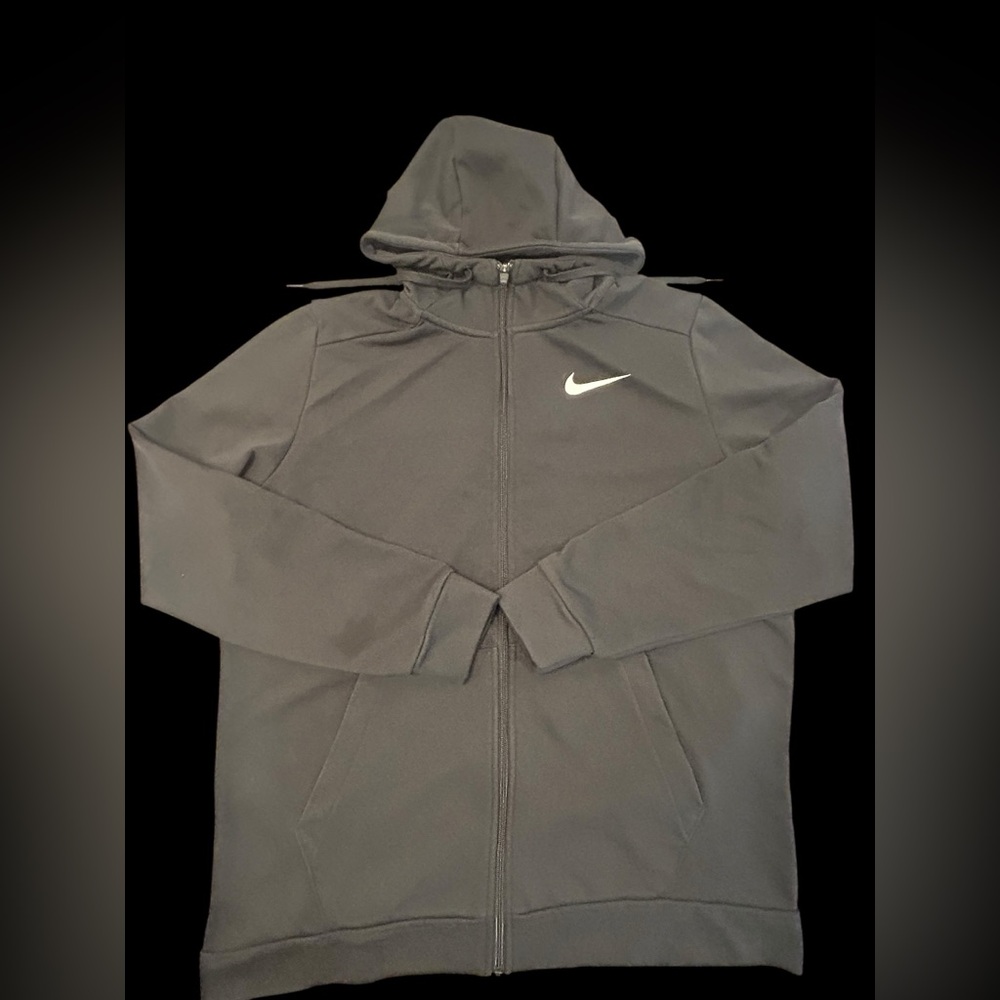 Nike Men’s Dri Fit Black Zip-Up Hooded Jacket Swoosh Logo L Cotton Polyester